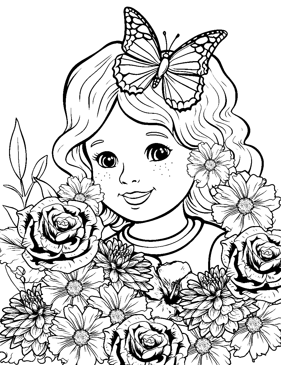 Garden Gathering Coloring Page - A detailed girl among flowers, plants, and a butterfly in a garden.