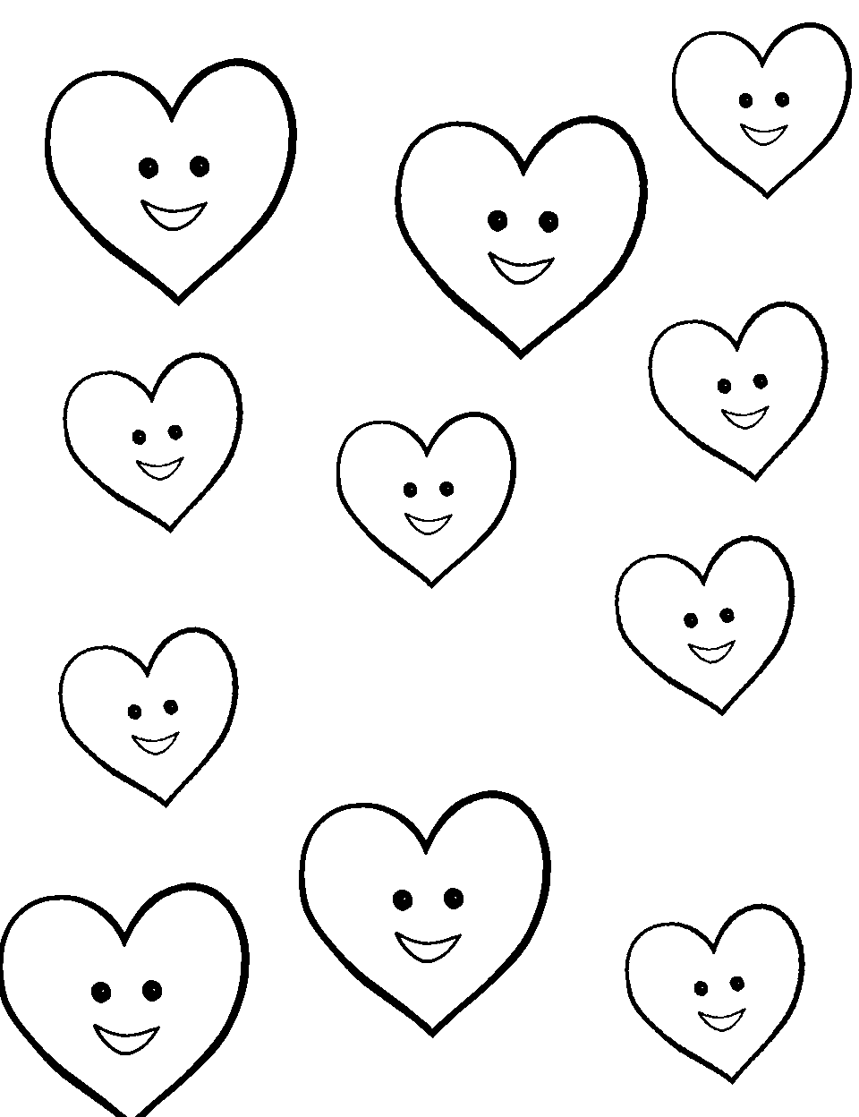 Happy Hearts Coloring Page - Heart shapes with smiling faces.