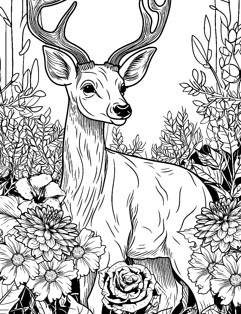 Jungle Jamboree Coloring Page - A deer surrounded by trees and plants.