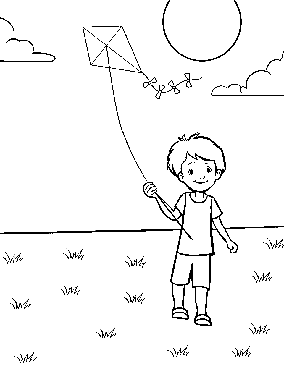 Kite Flying Fun Preschool Coloring Page - A child flying a kite in an open field.