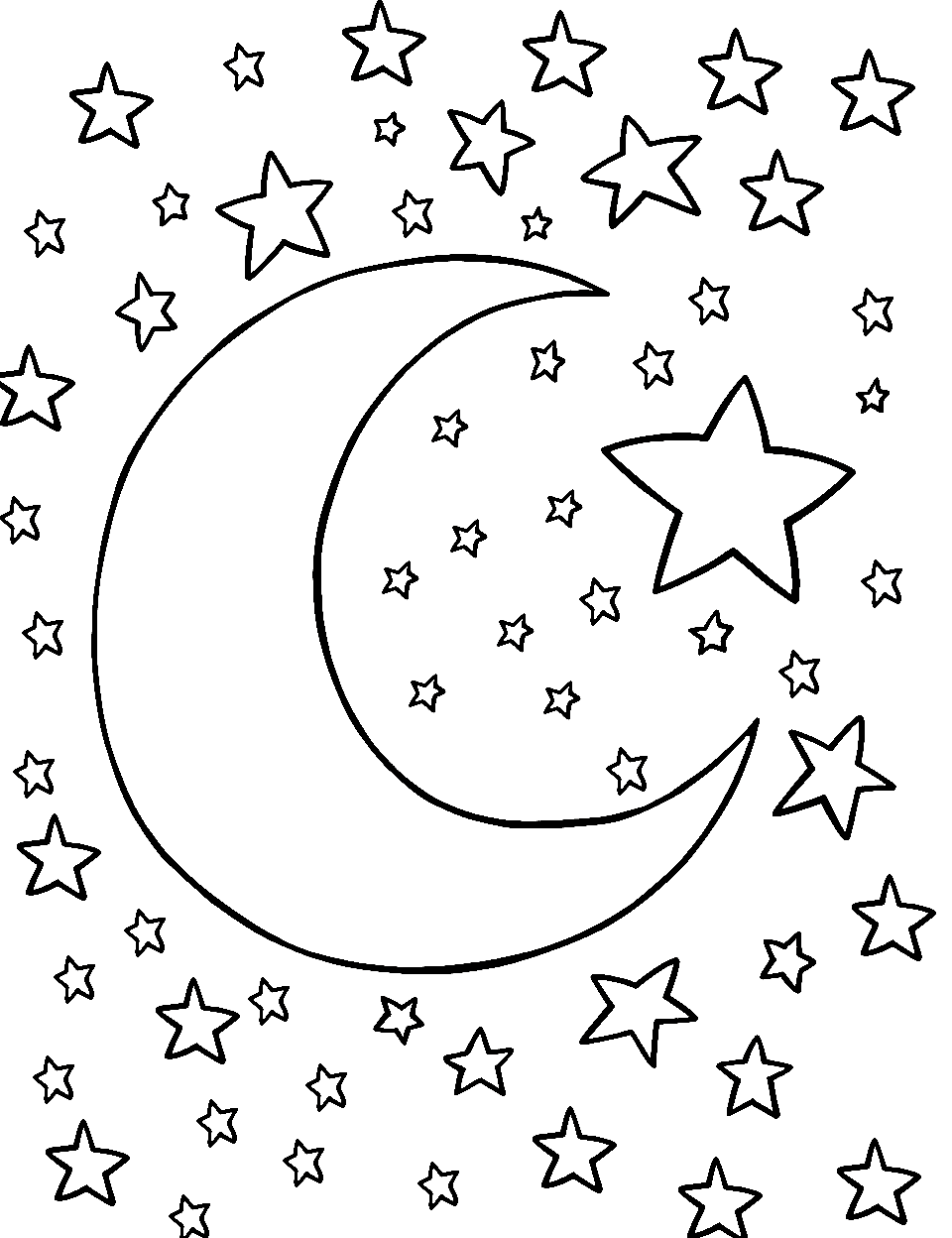 Moonlight Magic Preschool Coloring Page - A crescent moon with stars twinkling around in outer space.