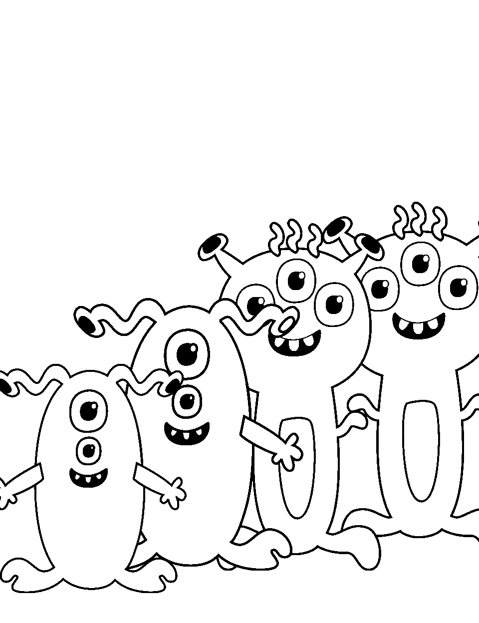 Cartoon Alien Parade Coloring Page - A line of cartoon aliens marching in a parade.