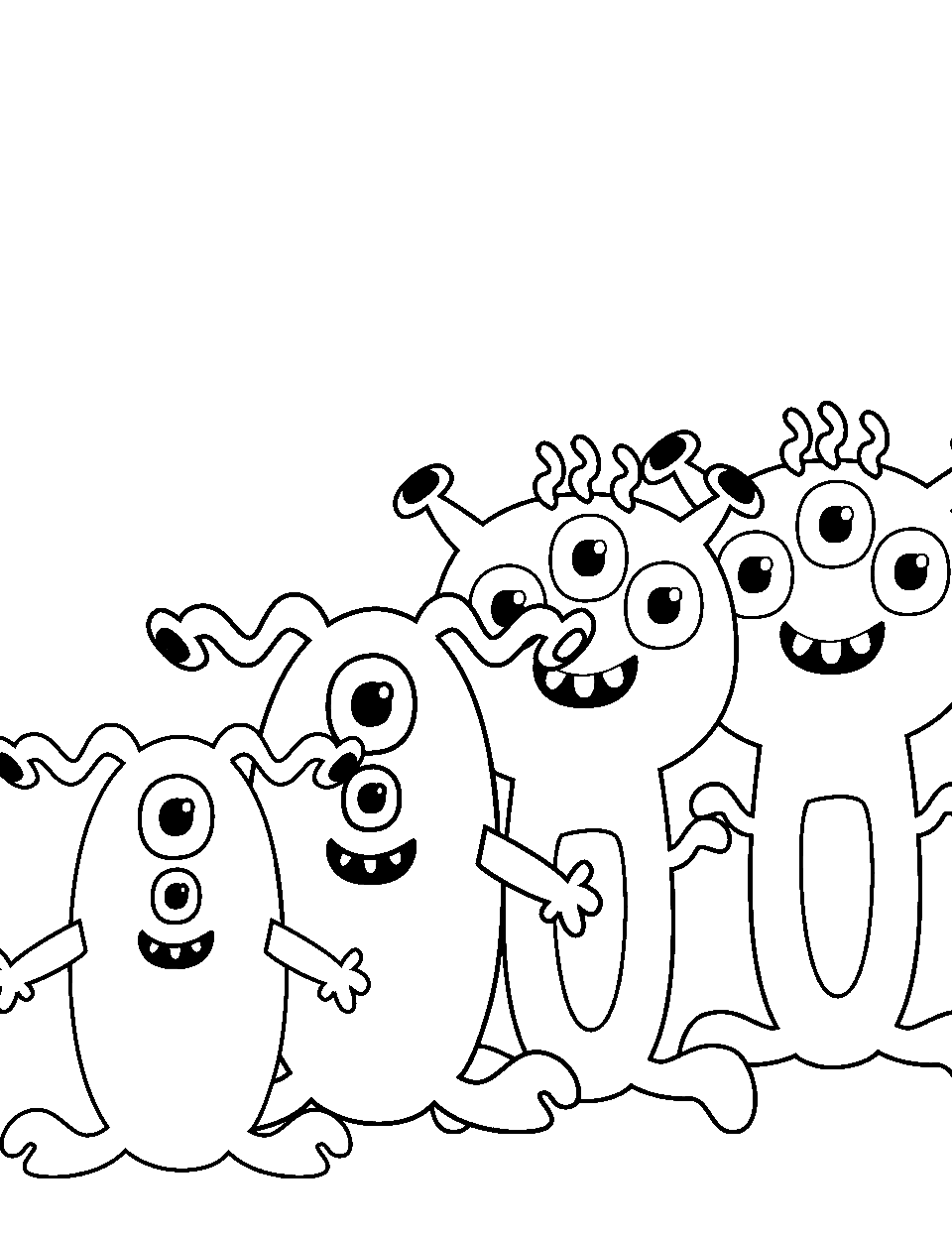 Cartoon Alien Parade Preschool Coloring Page - A line of cartoon aliens marching in a parade.