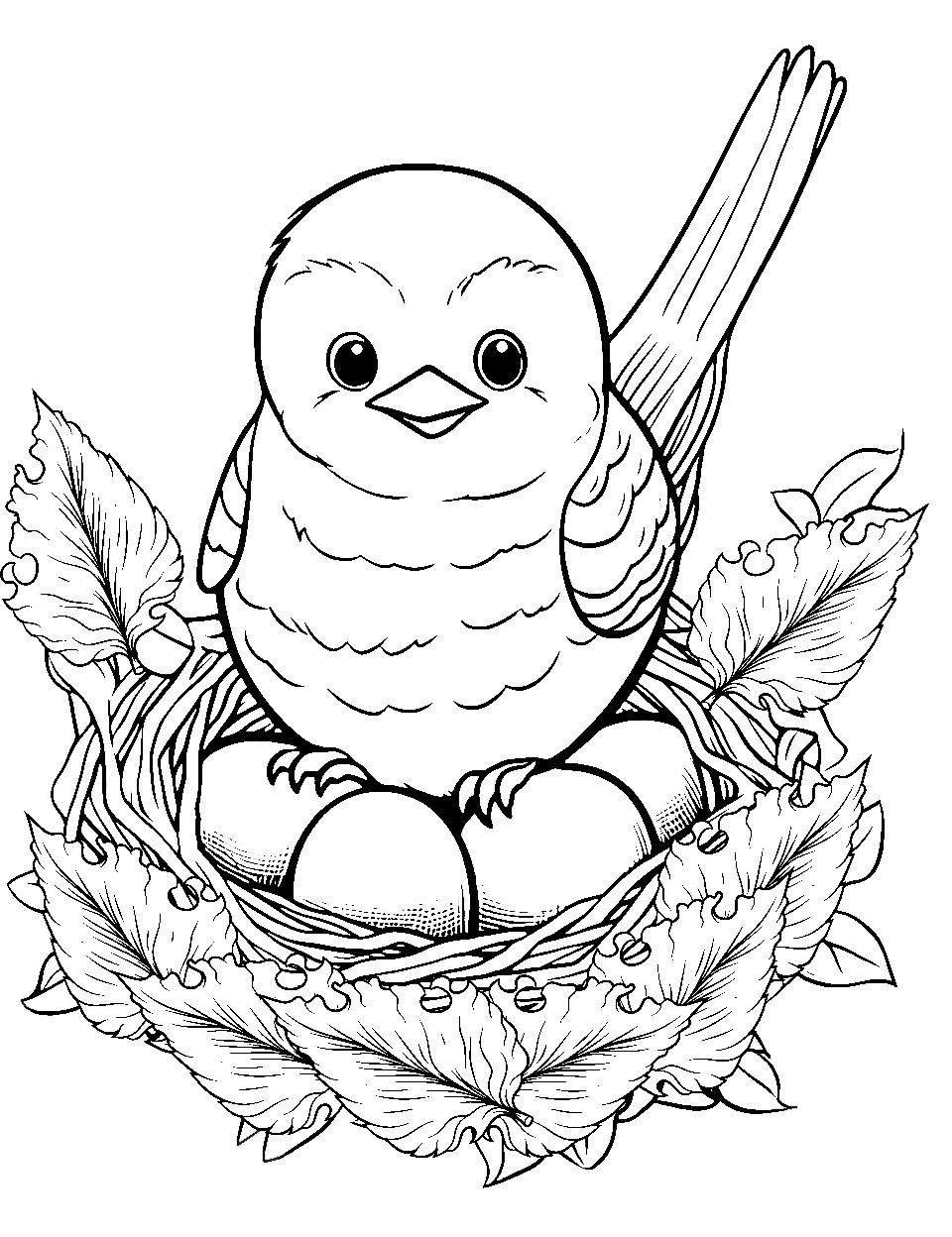 Nesting Birds Coloring Page - A bird sitting in a nest with eggs.