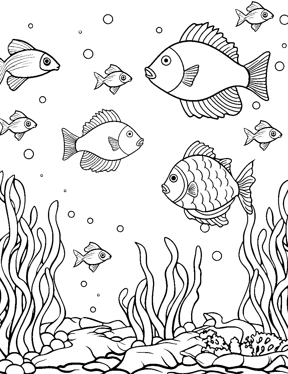 Ocean Odyssey Preschool Coloring Page - Fish swimming in the ocean with seaweed and bubbles.