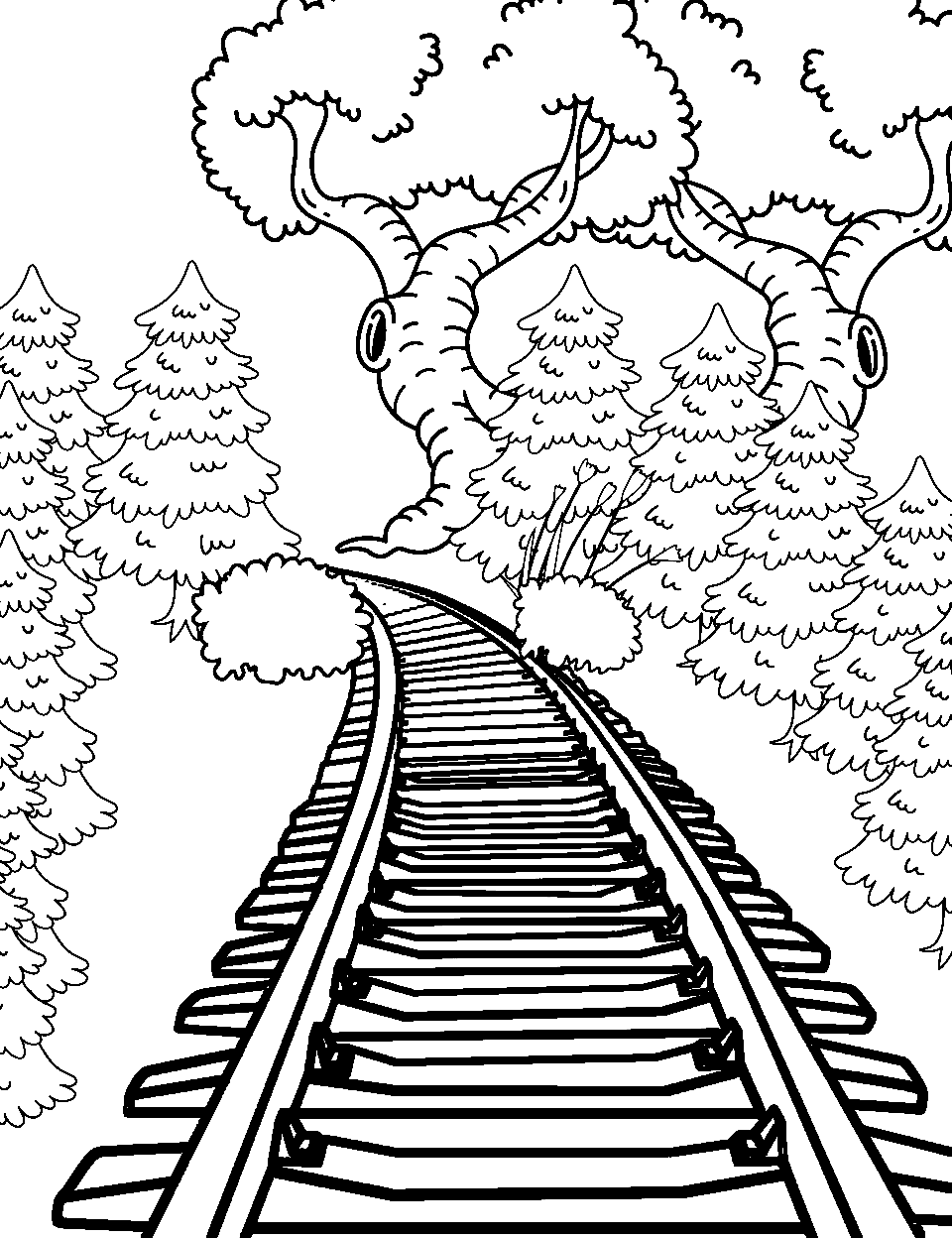 Train Tracks Preschool Coloring Page - A detailed train track going through a forest.