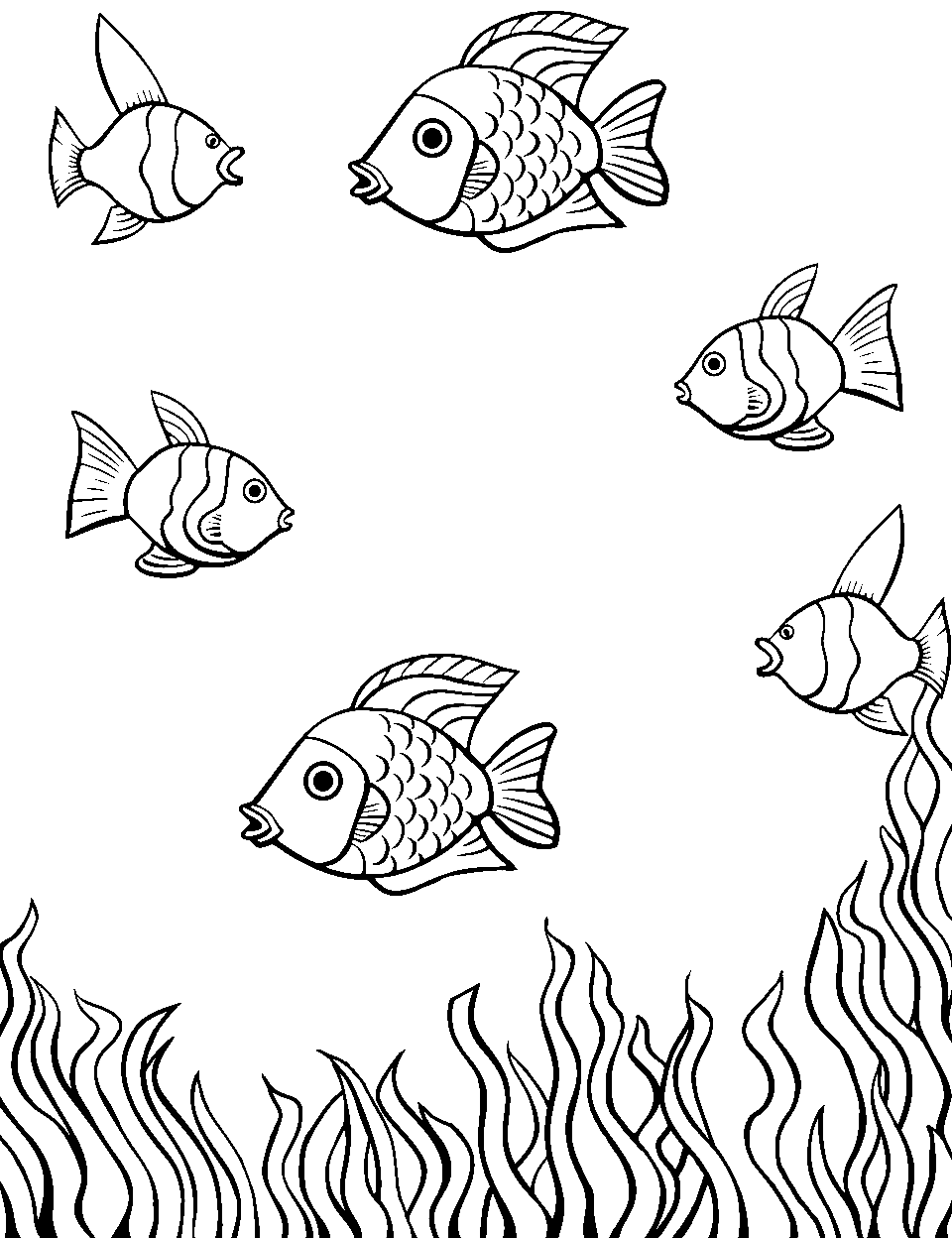 Underwater Utopia Preschool Coloring Page - Fish and seaweed underwater.