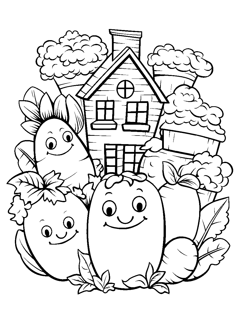 Vegetable Village Coloring Page - Various vegetables with faces forming a village.