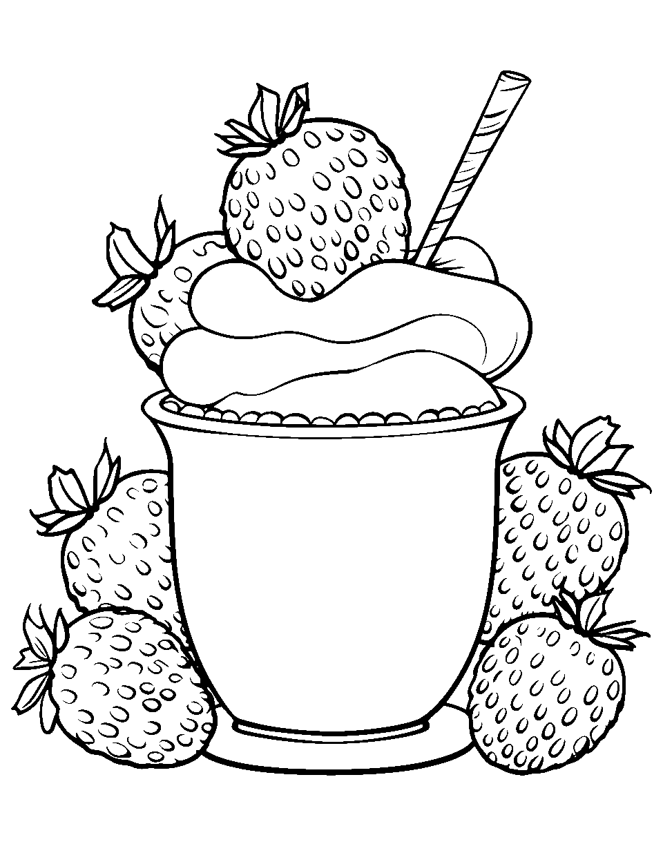 Yummy Strawberry Yogurt Preschool Coloring Page - A cup of strawberry yogurt with fruits.