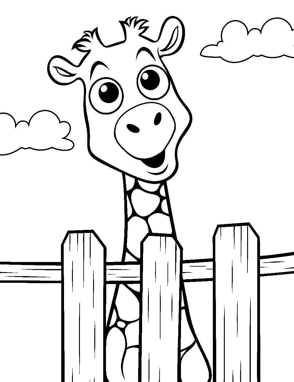 Zany Zoo Preschool Coloring Page - A giraffe in a zoo looking happy over the fence.