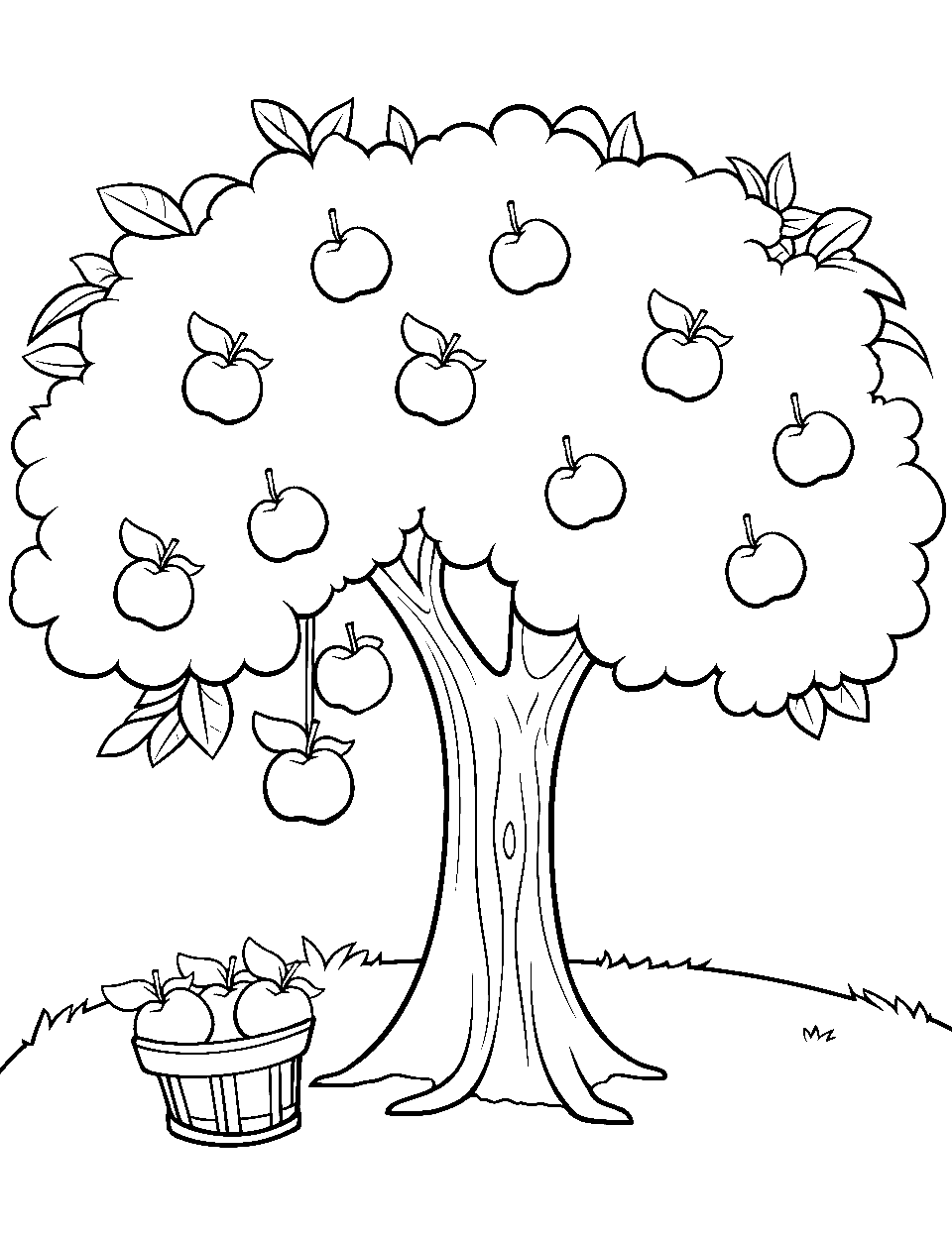 Apple Orchard Preschool Coloring Page - Trees filled with apples and a basket with some collected apples.