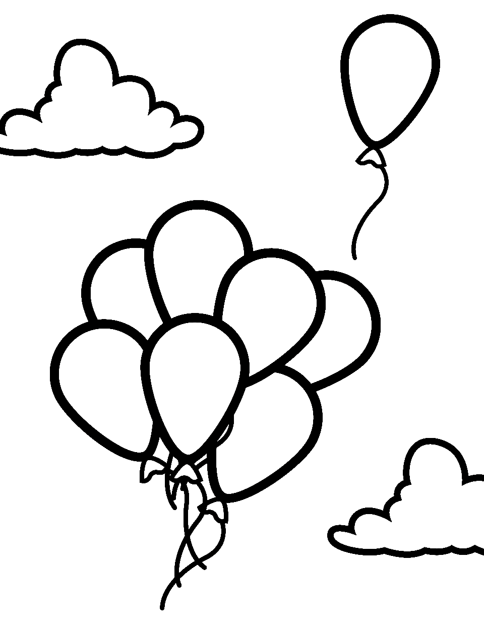 Balloon Bonanza Preschool Coloring Page - Bunches of balloons floating through the sky.