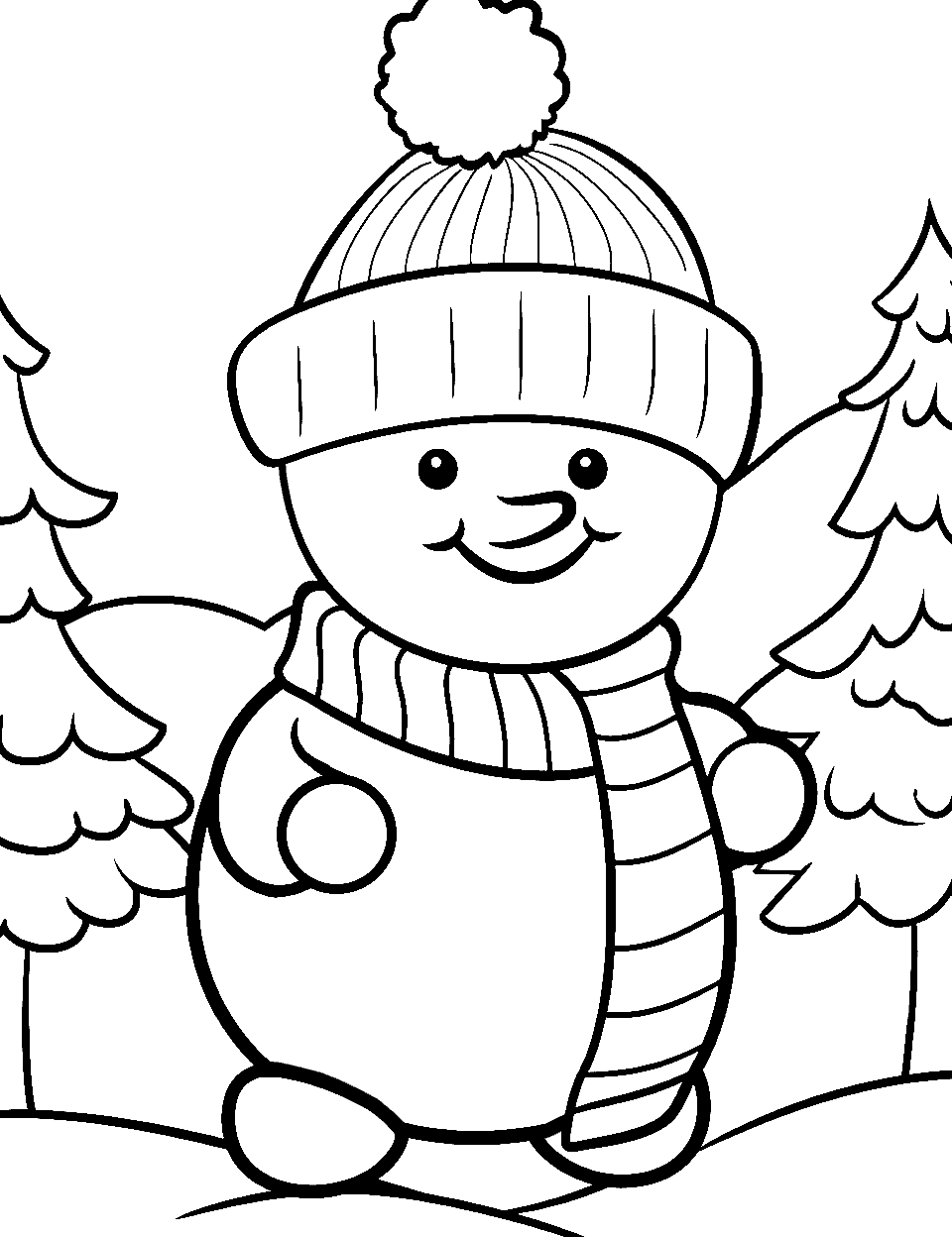 Winter Wonderland Preschool Coloring Page - Snow-covered trees with a snowman wearing a scarf and hat.