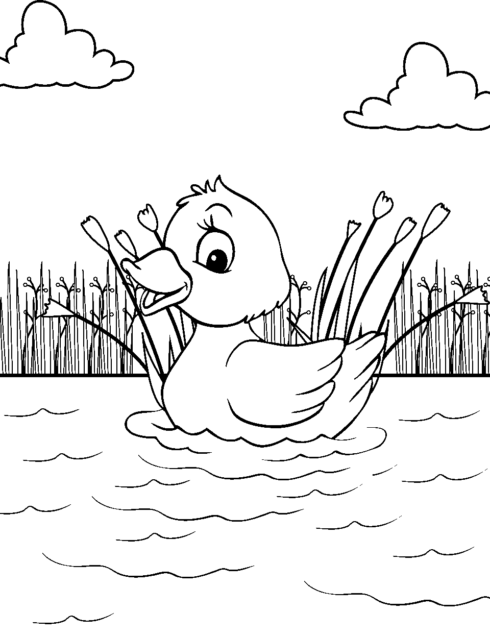 Ducky Delight Coloring Page - A duck swimming in a small pond.