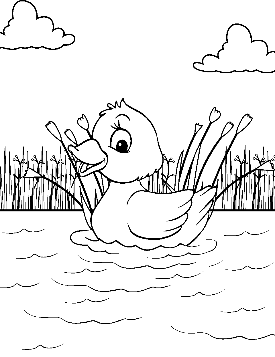 Ducky Delight Preschool Coloring Page - A duck swimming in a small pond.