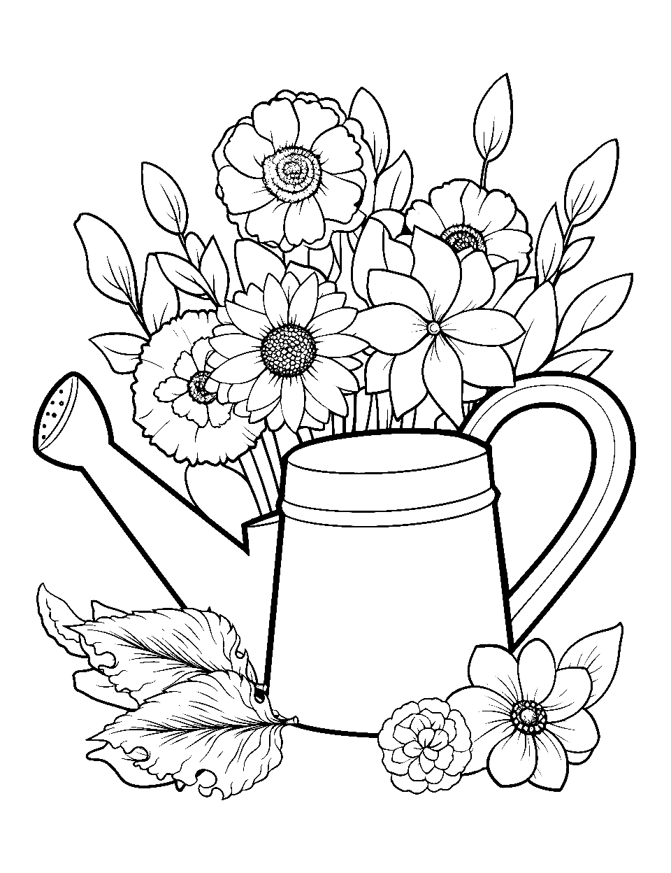 Garden Glee Coloring Page - A variety of flowers and a watering can.
