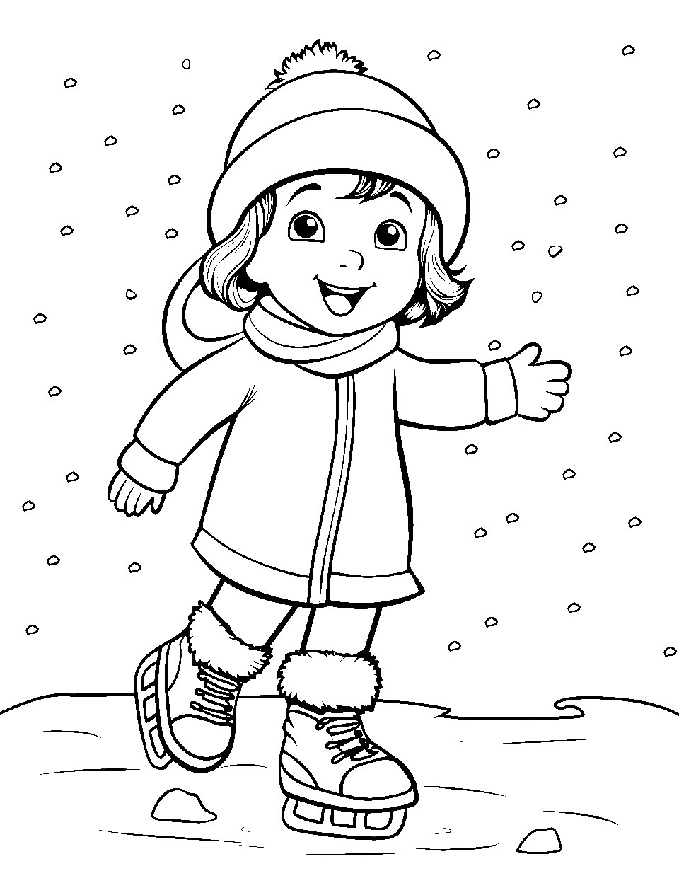 Ice Skating Excitement Preschool Coloring Page - A child ice skating on a frozen pond.