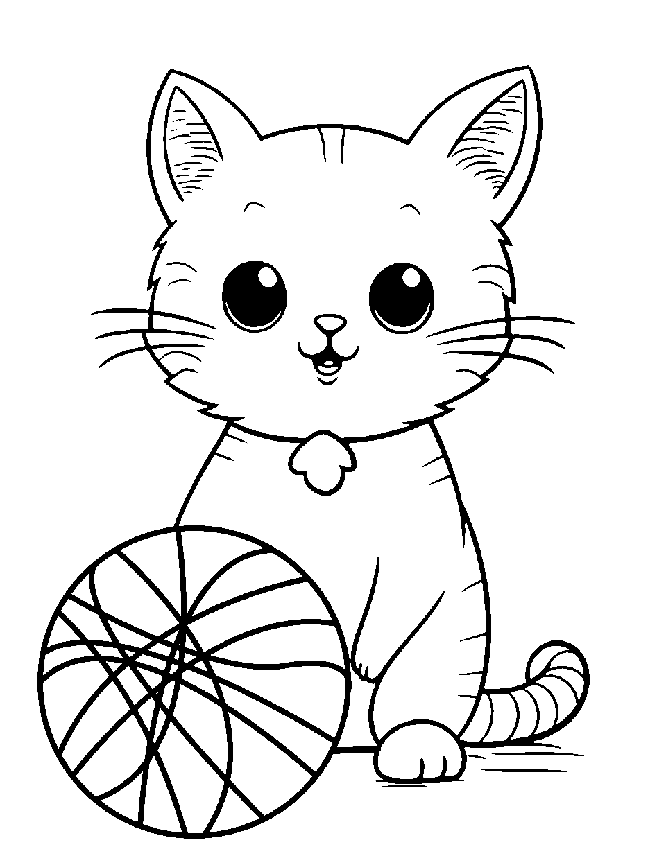 Kitten Cuddles Preschool Coloring Page - A kitten playing with a ball of yarn.