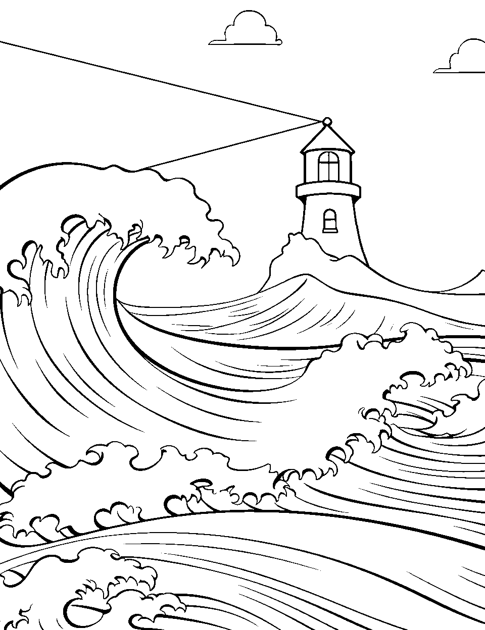 Lighthouse Love Coloring Page - A lighthouse with waves crashing around.