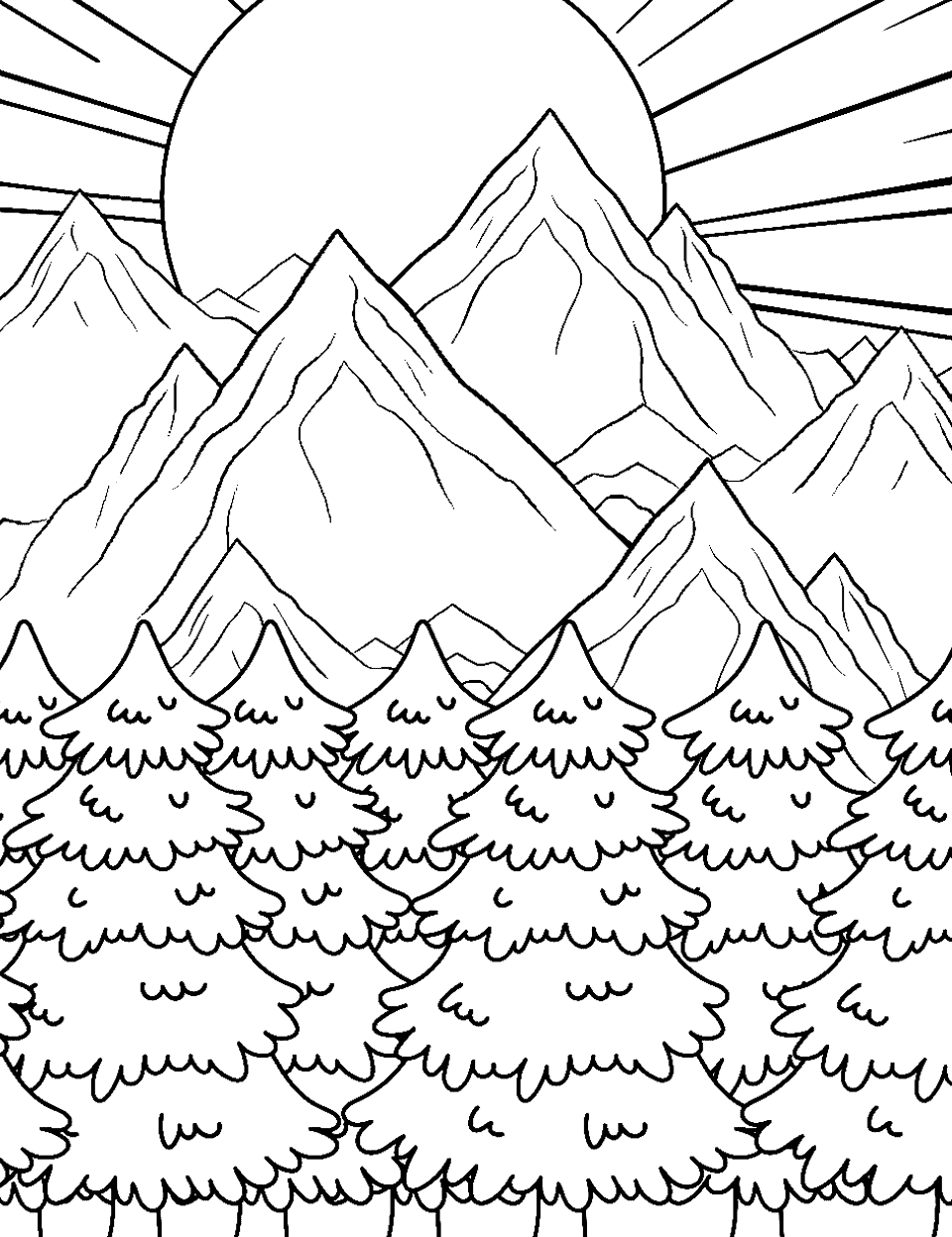 Mountain Magic Coloring Page - A mountain landscape with a sun in the sky.