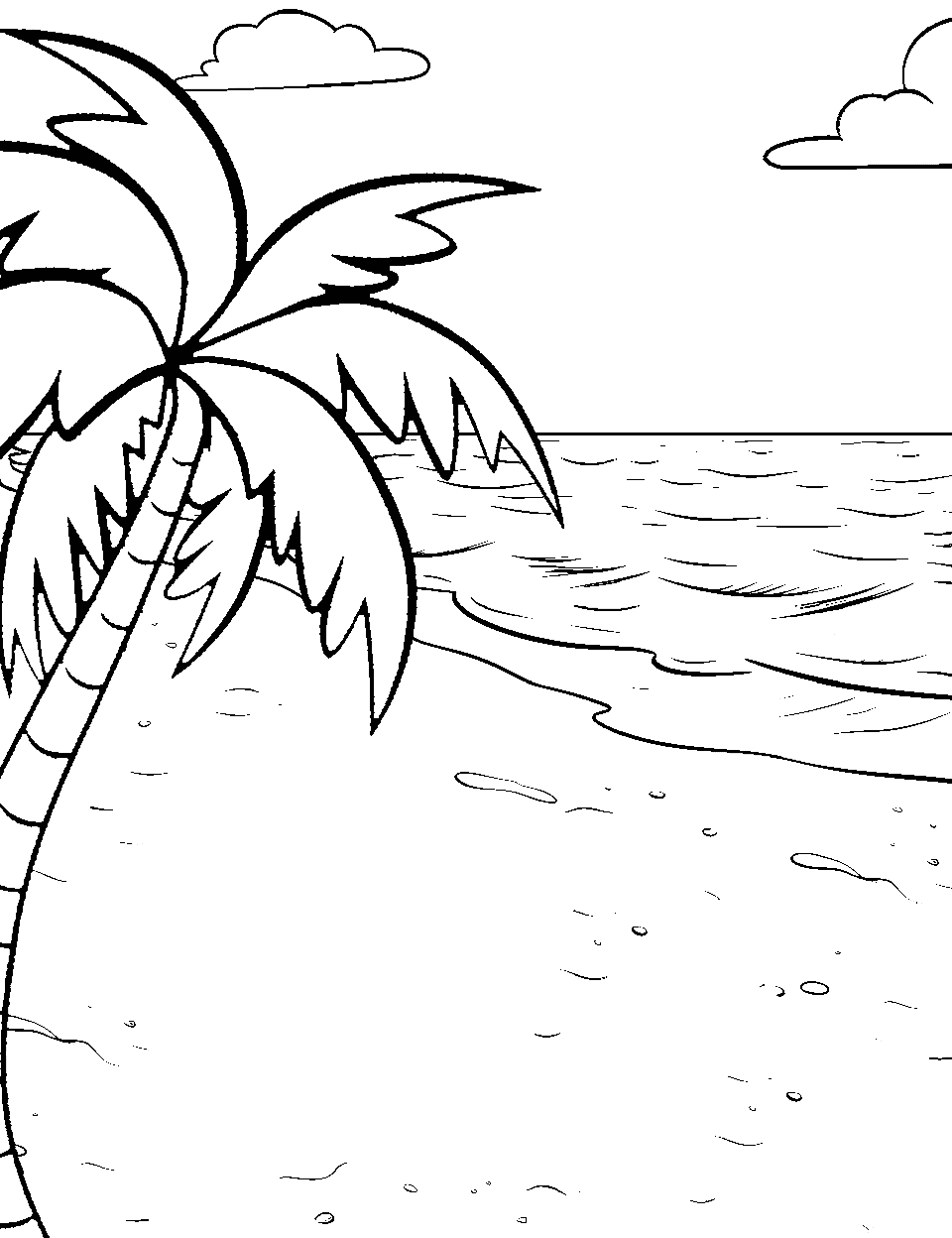 Ocean Oasis Coloring Page - A beach scene with waves and a palm tree.