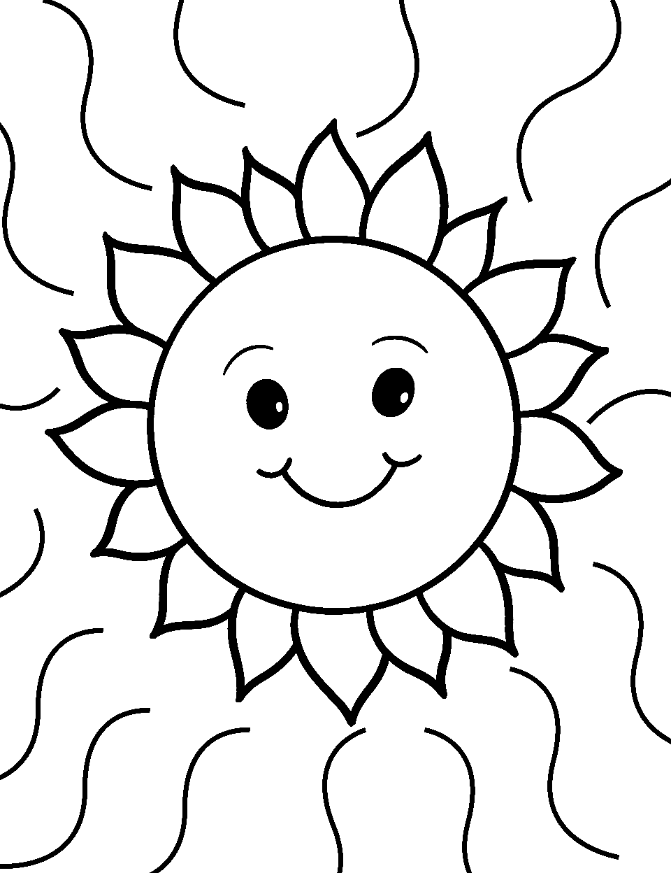 Sunshine Serenity Preschool Coloring Page - A big smiling sun giving heat and warmth to everything.