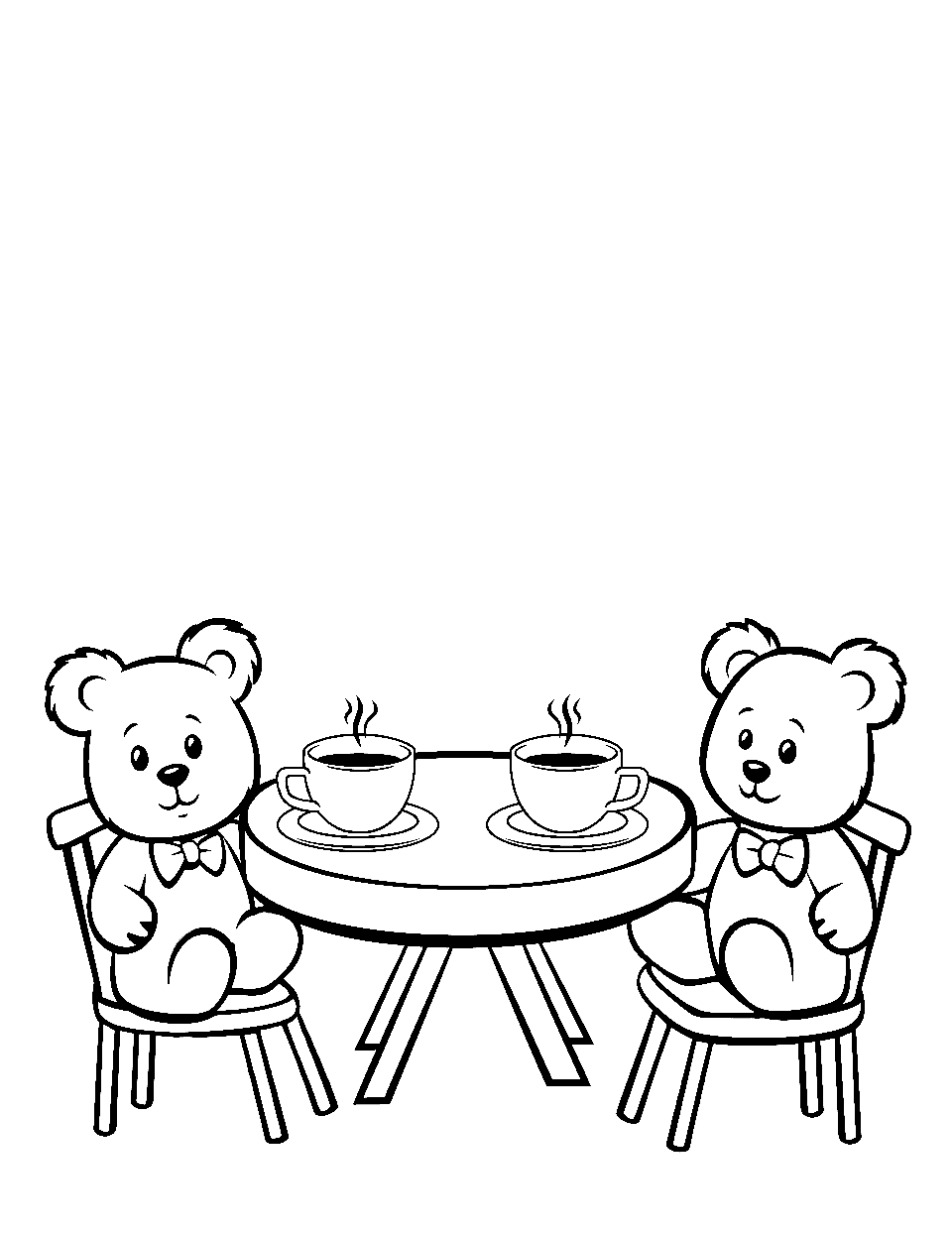 Teddy Bear Tea Party Coloring Page - Teddy bears sitting around a table with tea set.
