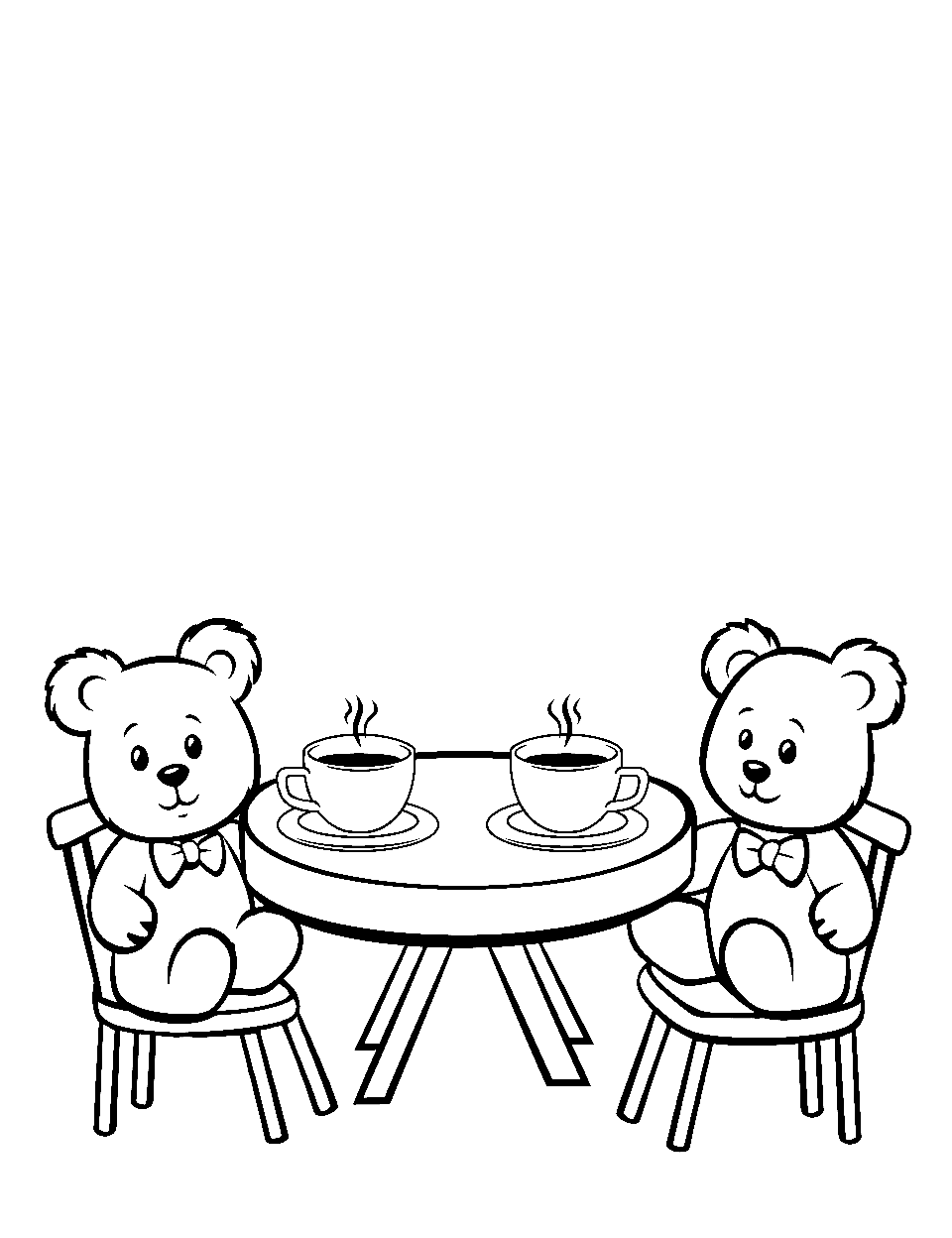 Teddy Bear Tea Party Preschool Coloring Page - Teddy bears sitting around a table with tea set.