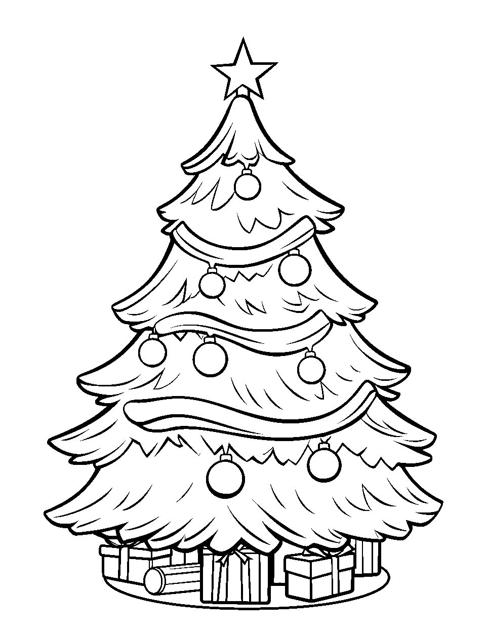 X-traordinary Xmas Preschool Coloring Page - A Christmas tree with presents underneath.