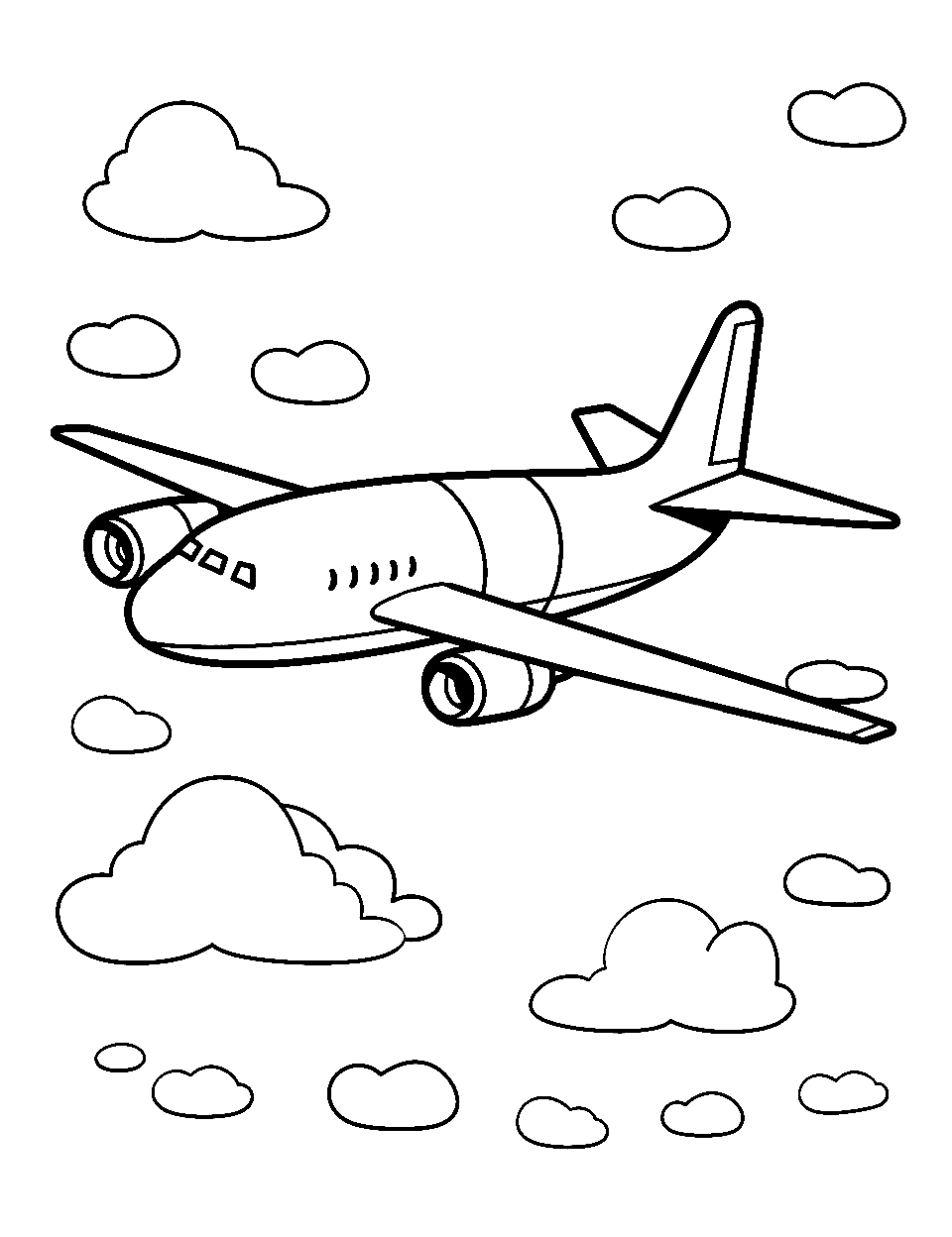 Airplane Ascension Coloring Page - An airplane flying in the sky with clouds.