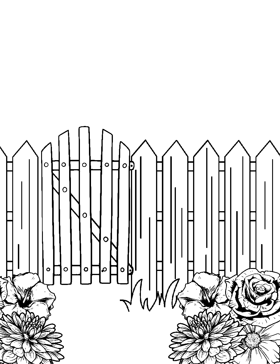 Garden Gate Coloring Page - A garden with a picket fence and a gate.
