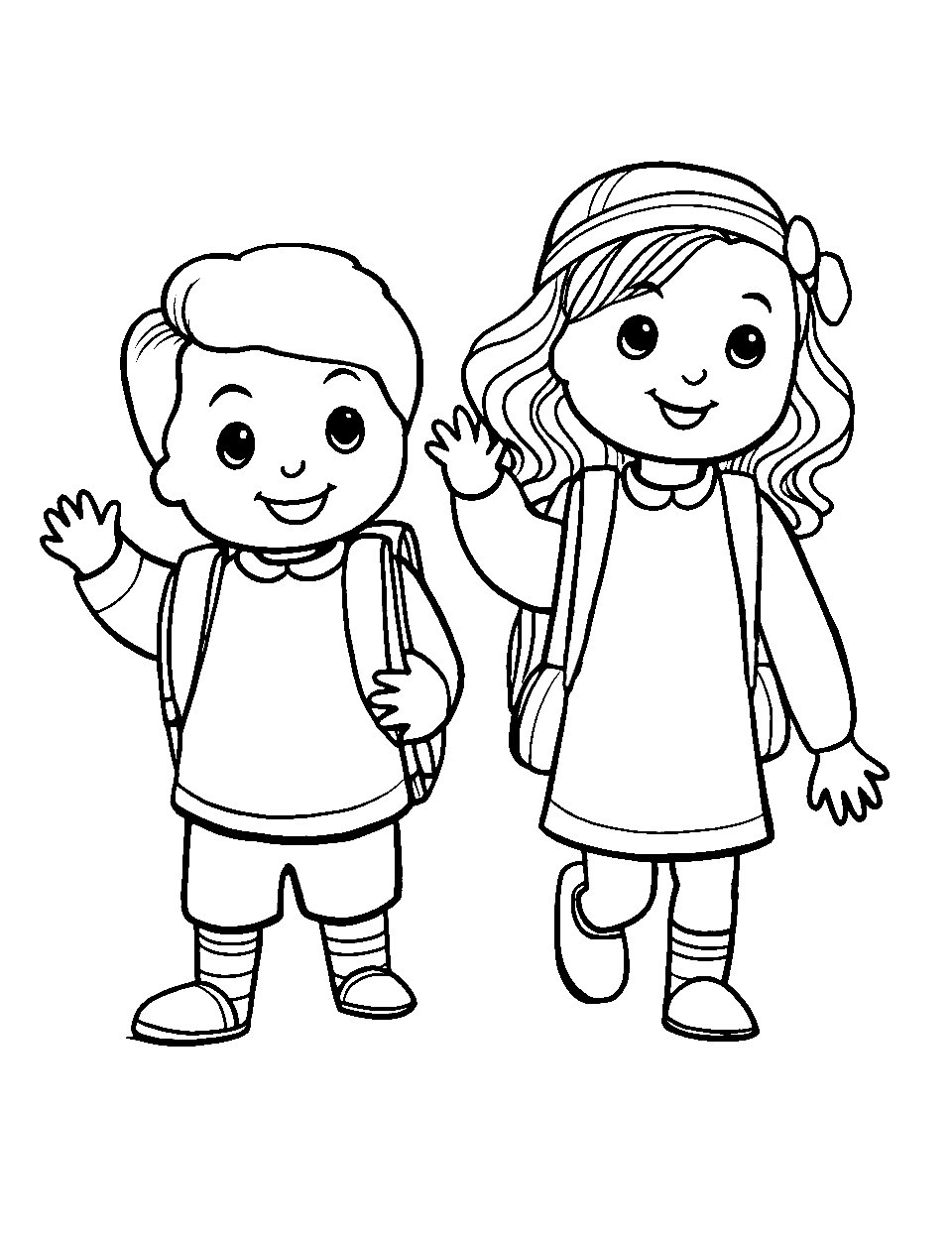 First Day Smiles Coloring Page - Children with backpacks waving goodbye to their parents.