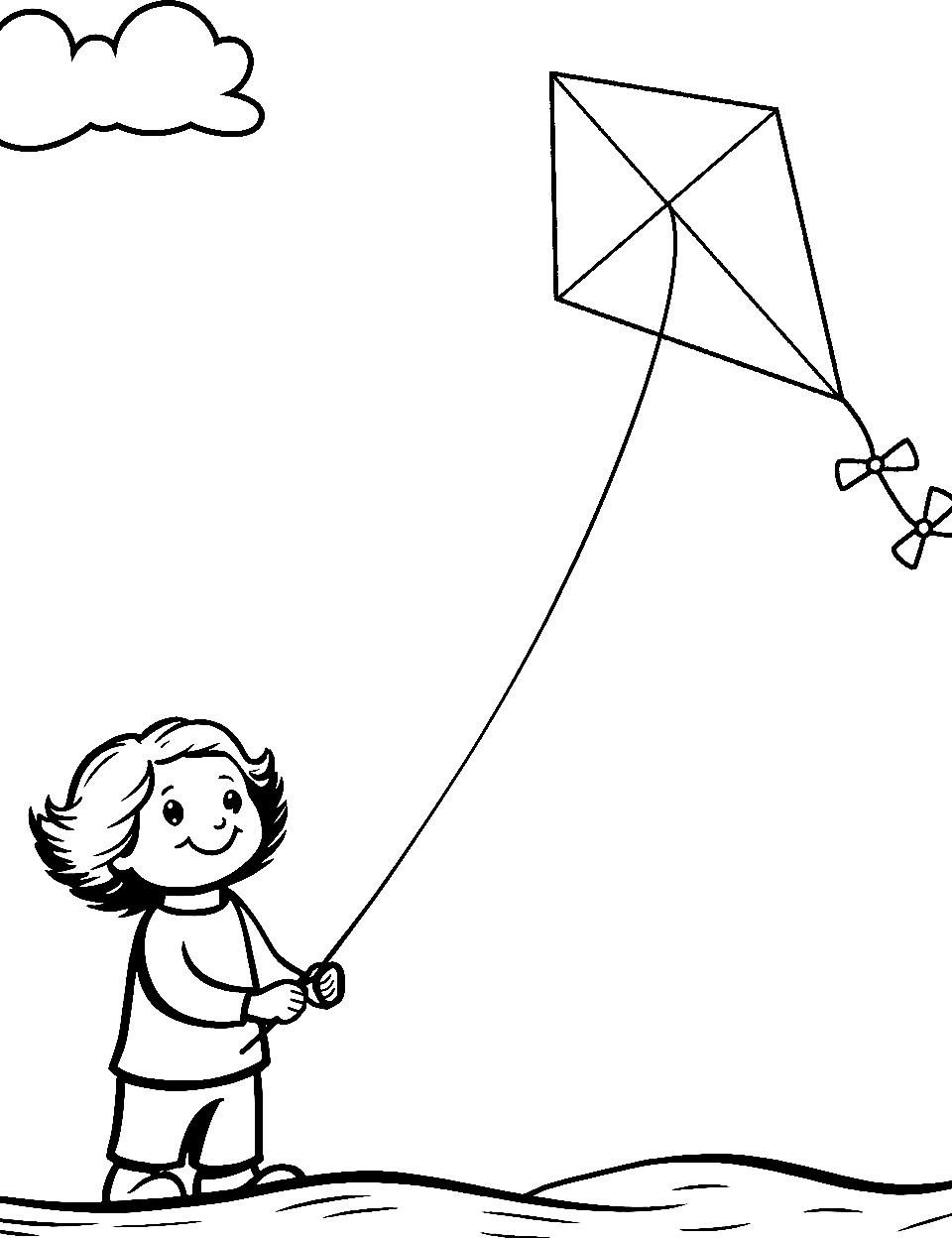 Kite in the Sky Coloring Page - A kid flying a kite soaring high in the sky with a long tail.