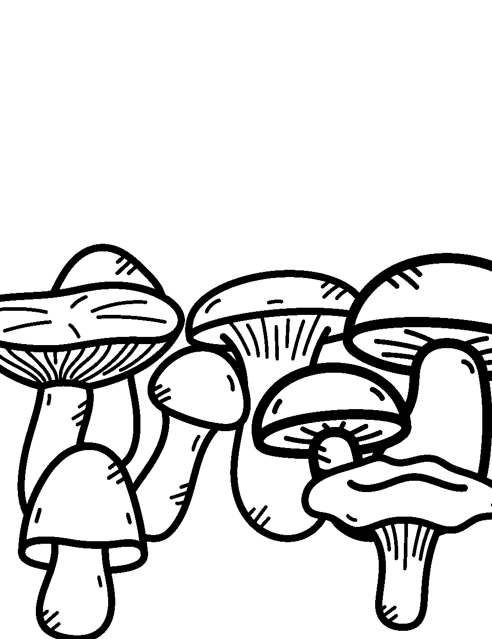 Mushroom Meadow Coloring Page - A meadow filled with mushrooms of various sizes.
