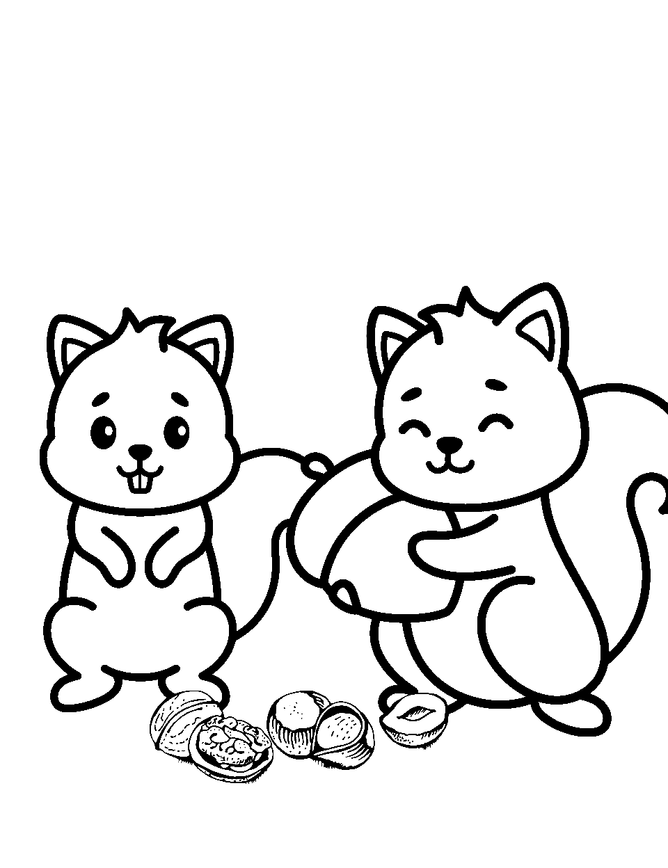 Cute Squirrels Preschool Coloring Page - Squirrels collecting nuts for winter.