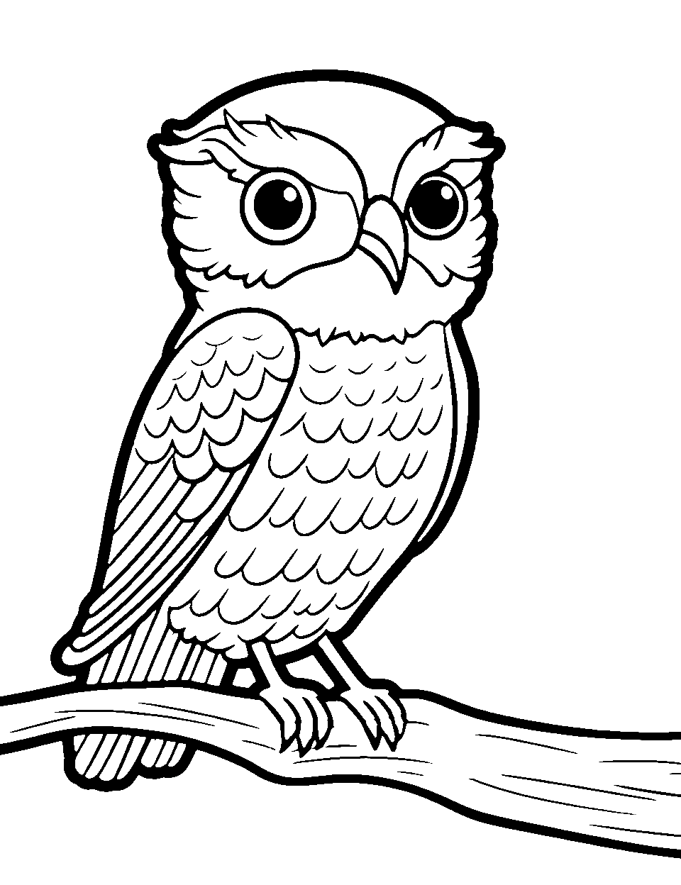 Owl Outpost Coloring Page - An owl perched on a tree branch.