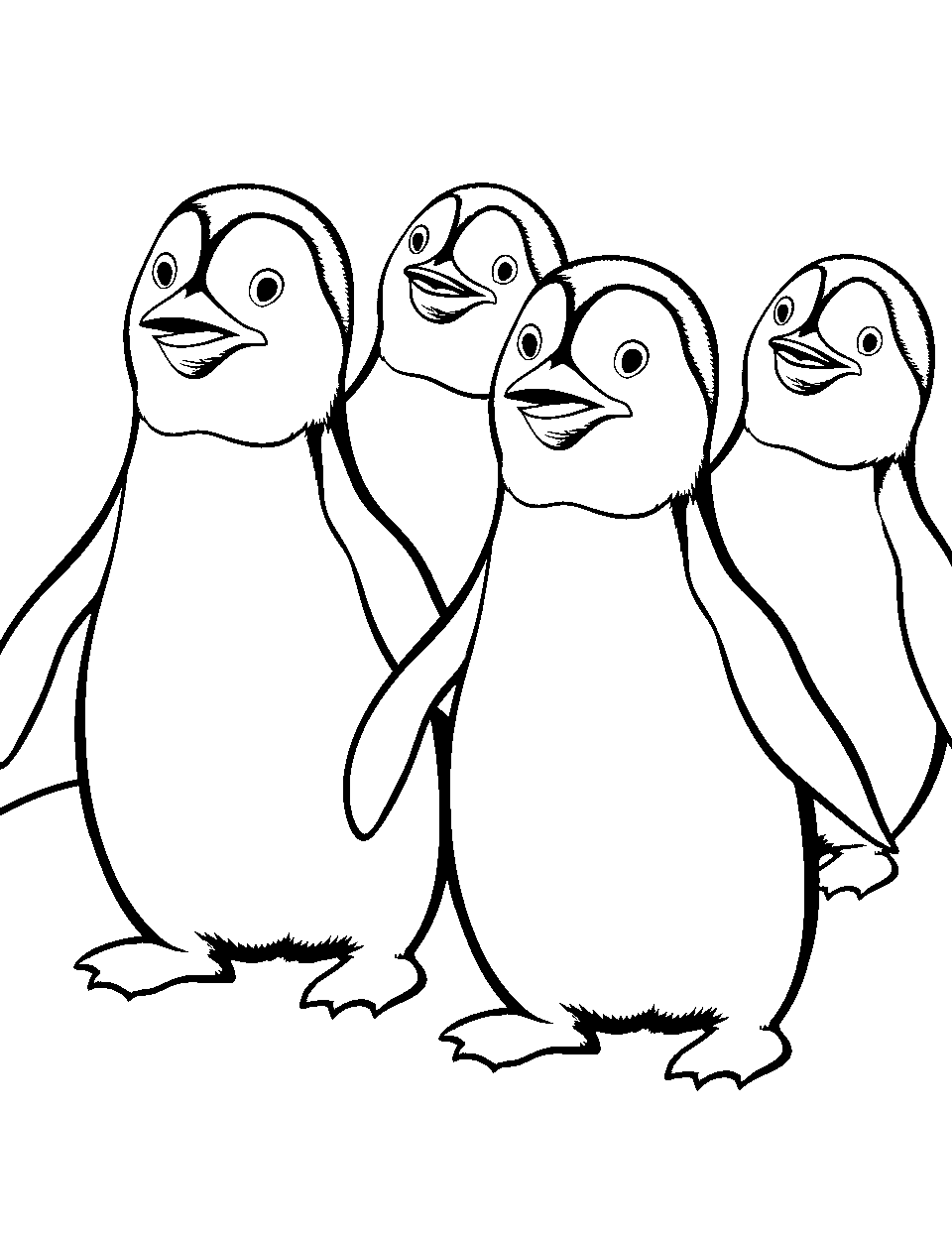 Penguin Parade Coloring Page - A group of penguins waddling on ice.