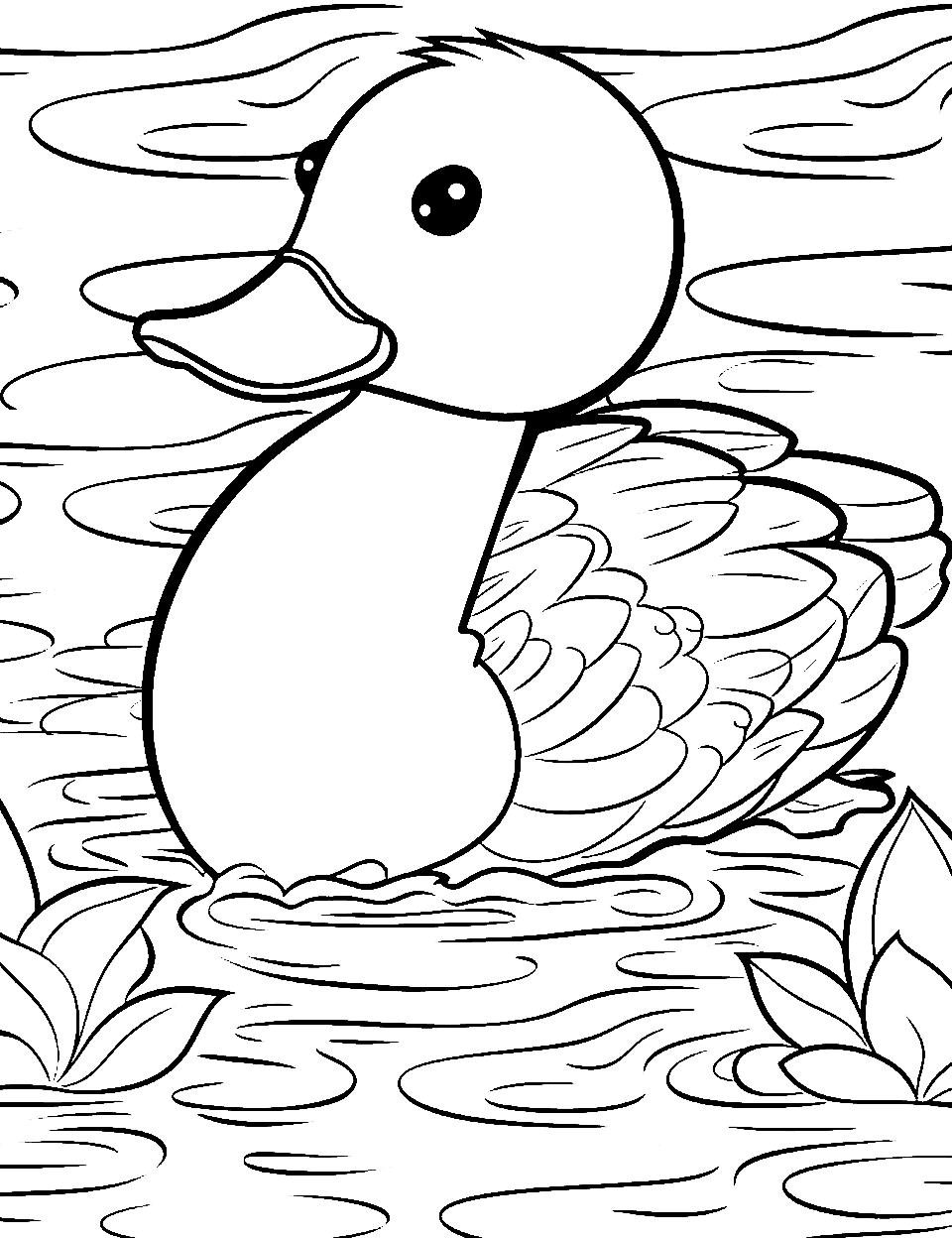 Quacker Quarters Preschool Coloring Page - A Duck swimming in a pond.