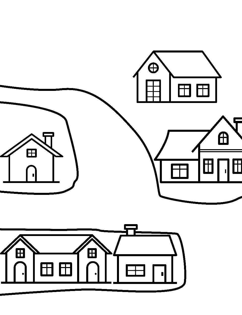 Village Vista Coloring Page - A village with small houses.