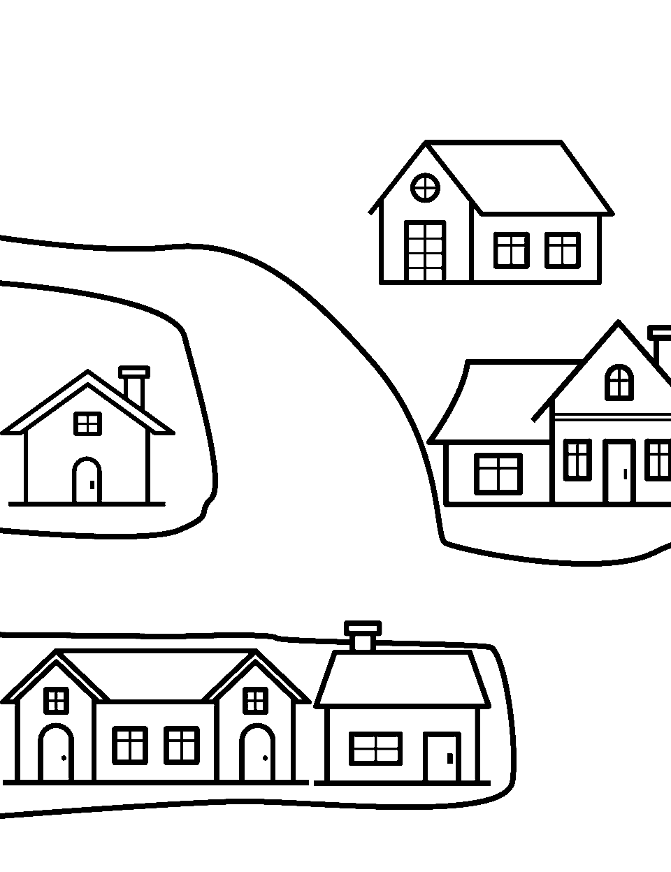 Village Vista Preschool Coloring Page - A village with small houses.