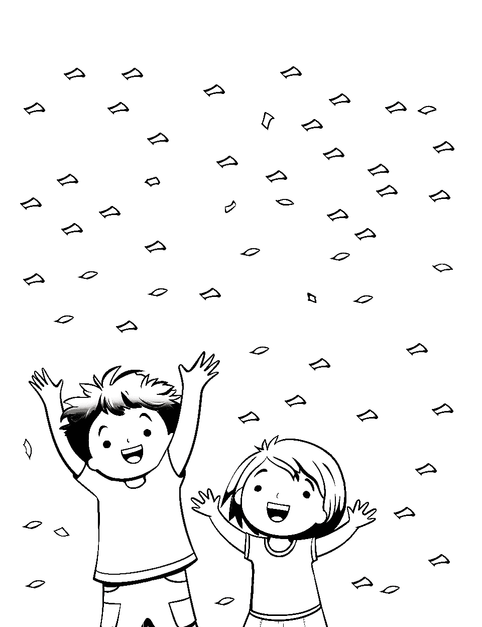 Last Day Celebration Preschool Coloring Page - Kids throwing their papers in the air, excited for summer.