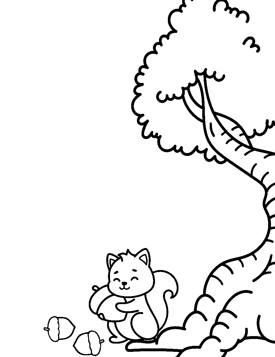 Acorn Adventures Preschool Coloring Page - Squirrel gathering acorns under a tree.