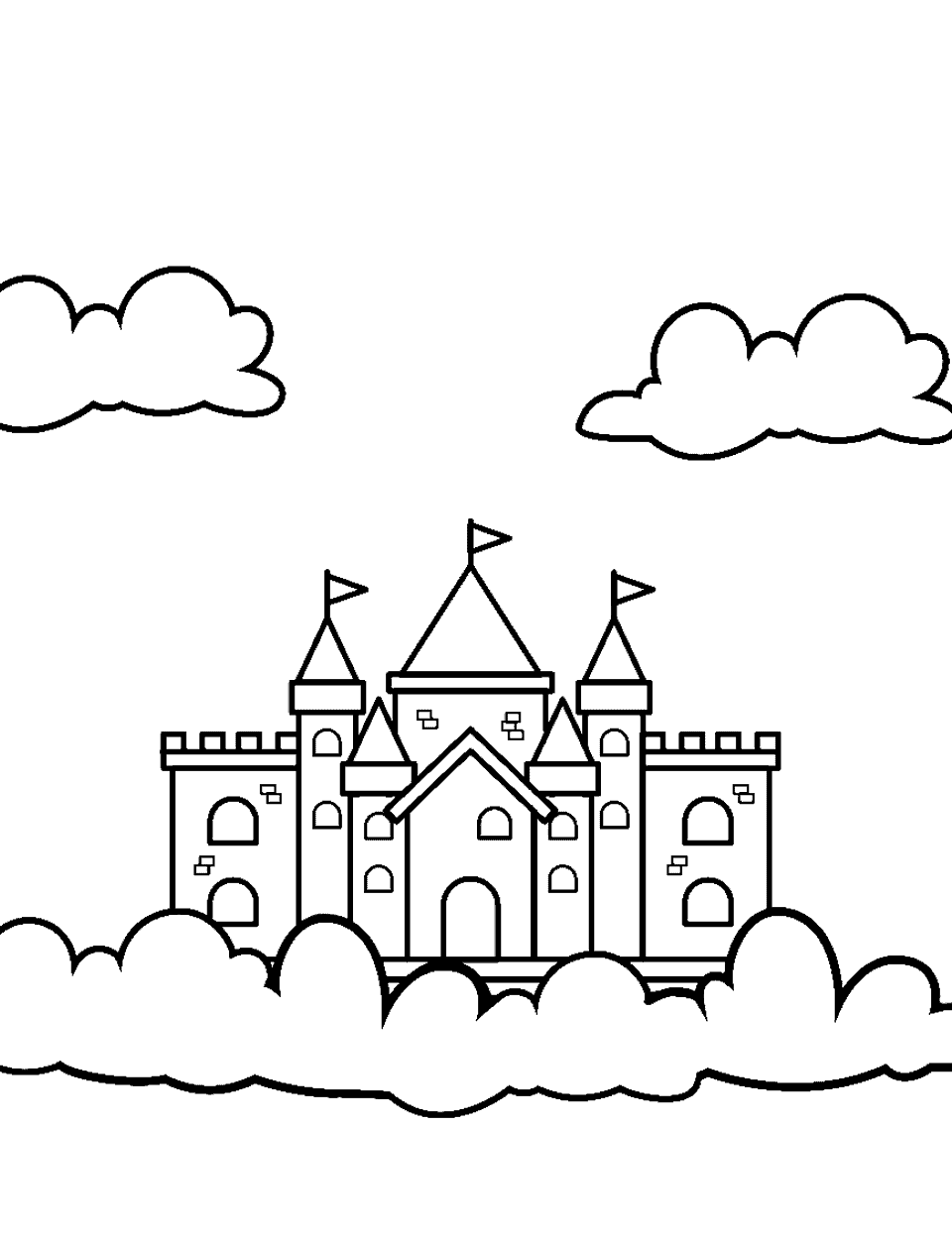 Castle Clouds Preschool Coloring Page - A castle above the clouds in the sky.