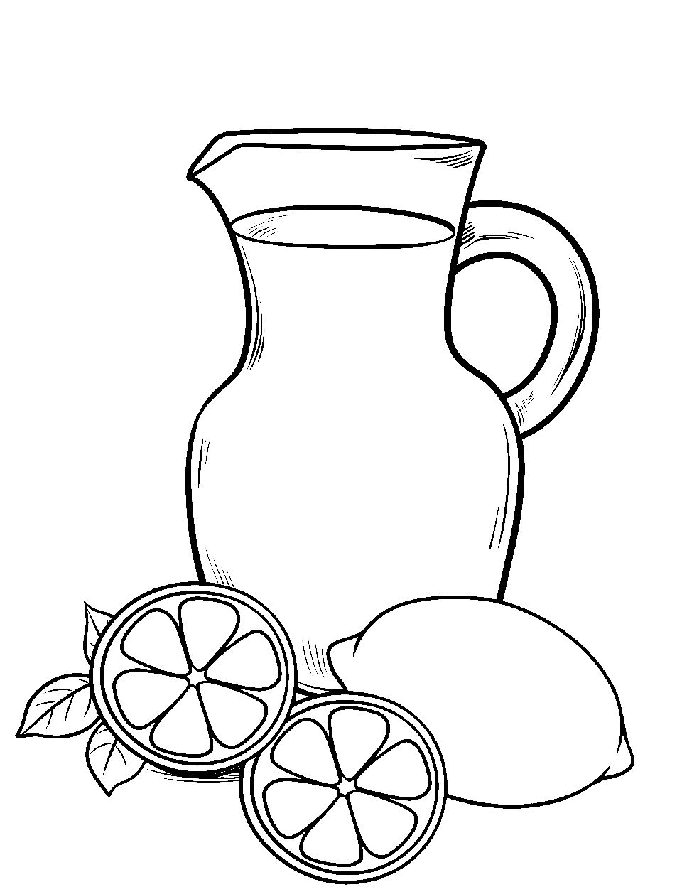 Lemonade Lounge Coloring Page - A pitcher of lemonade with its ingredients lying close.