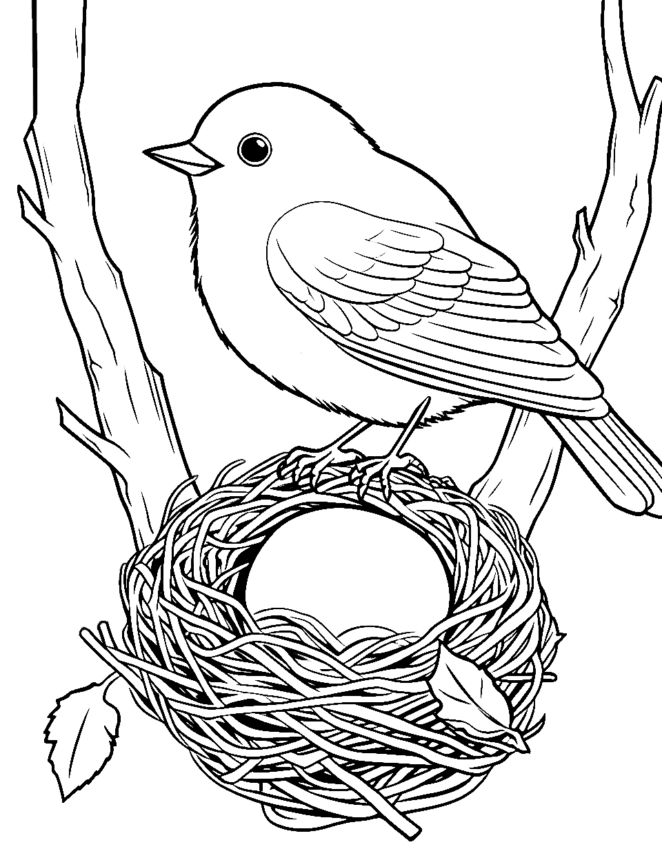 Nightingale’s Nest Preschool Coloring Page - A nightingale sitting beside its nest.