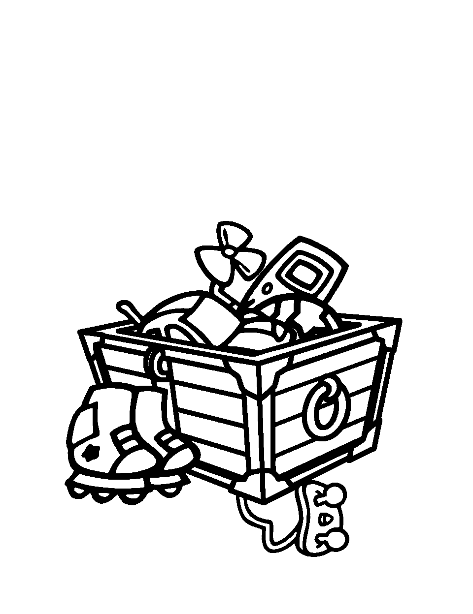 Toy Box Treasures Coloring Page - An open toy box filled with various toys.