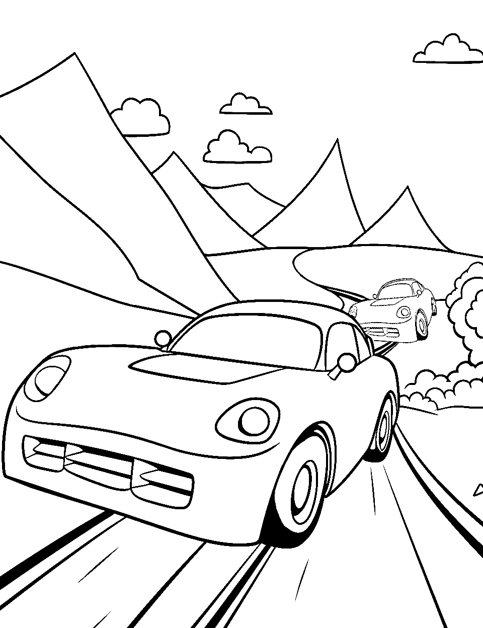 Toy Cars Highway Preschool Coloring Page - A winding road with cars zooming along.