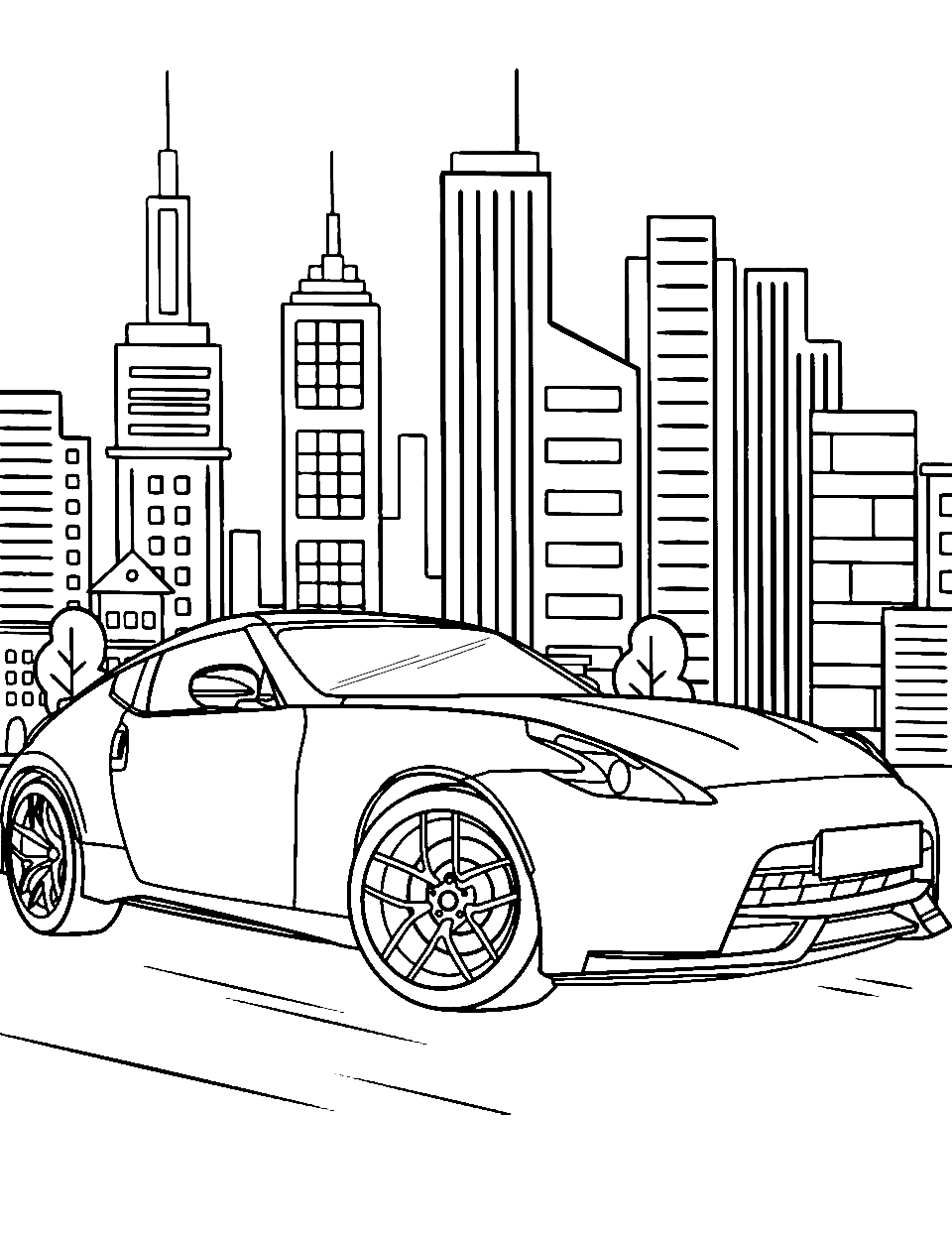 Street Race Car Coloring Page - A simple race car speeding down a city street.