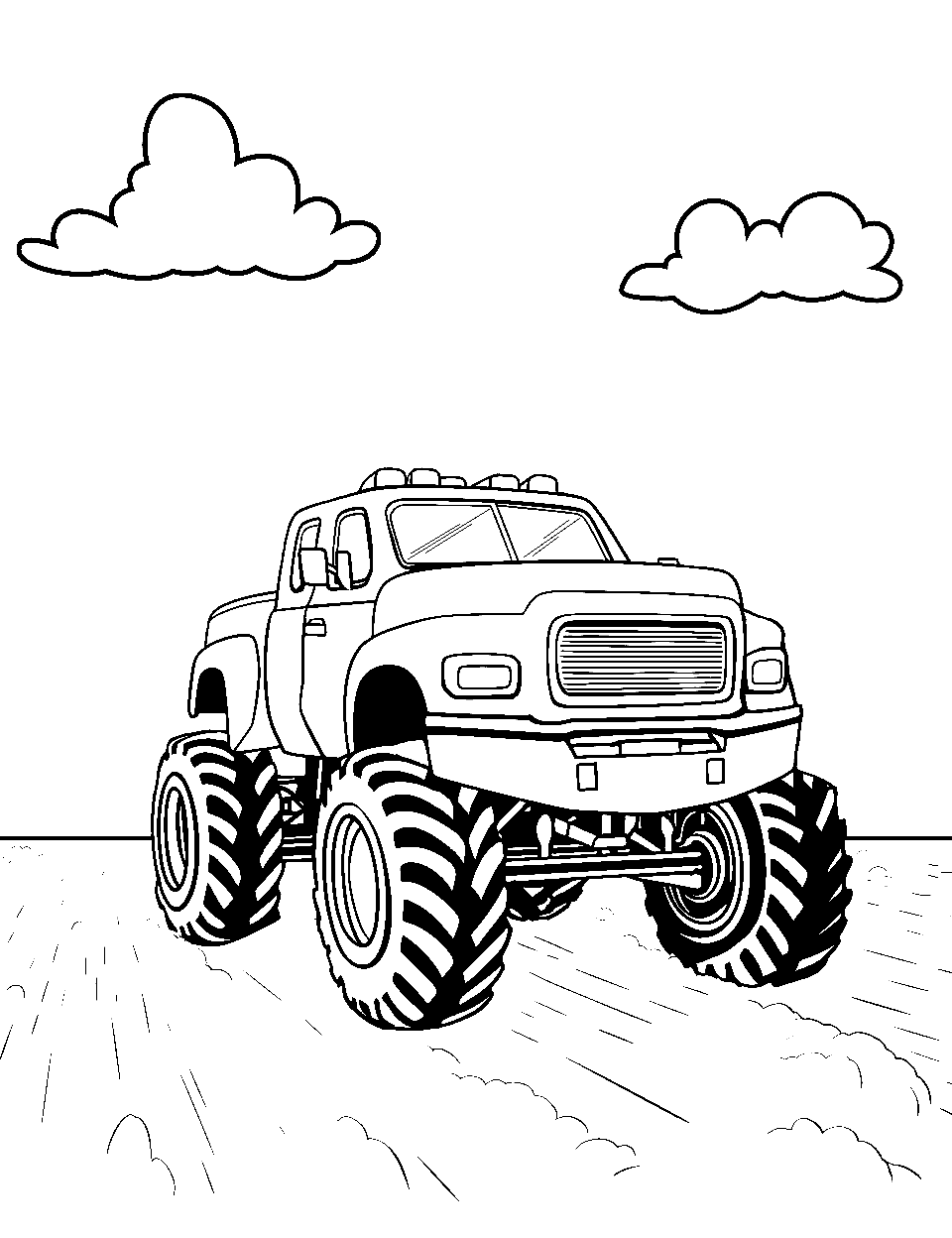 Large Monster Truck Race Car Coloring Page - A gigantic monster truck with oversized tires.