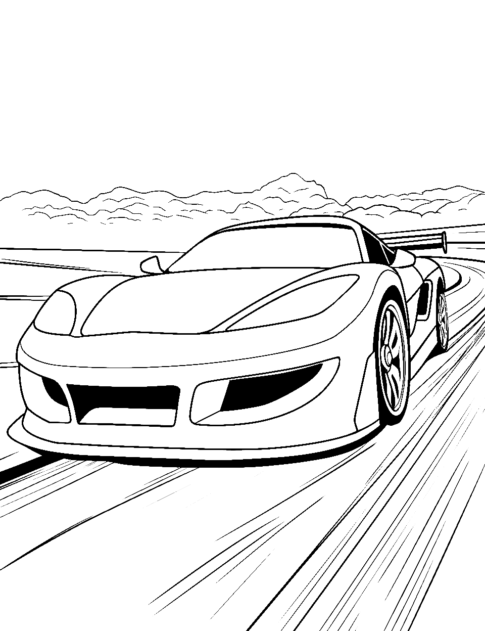 Race Track Rush Car Coloring Page - A car taking a sharp turn on a race track.